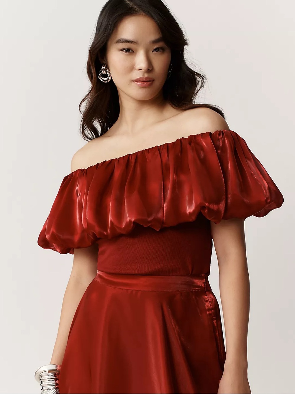 NWT Anthropologie BL-NK Off-Shoulder Bubble Blouse Wine Size S